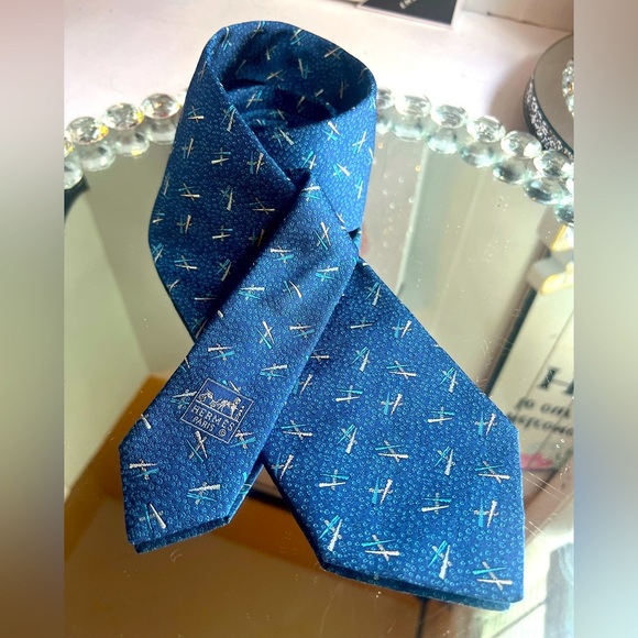 HERMES H pattern navy blue 100% Silk Logo Men's tie - Picture 7 of 9